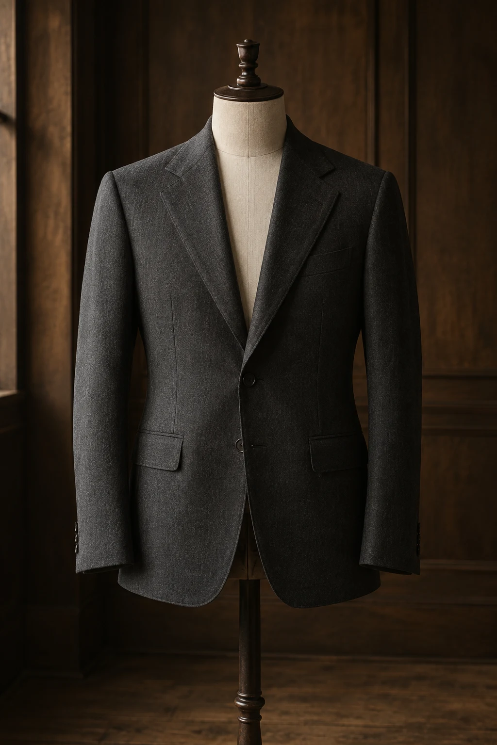Finished charcoal wool bespoke jacket on an atelier mannequin